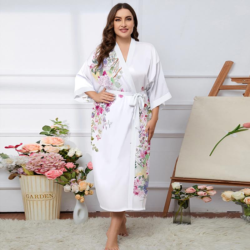 Übergröße Satin Sommer Pyjama & Bademantel Set für Damen - Leichter Luxus Eisseide