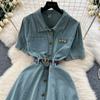 Short-sleeved dress women's summer dress new polo collar single-breasted waist a word medium and long denim skirt