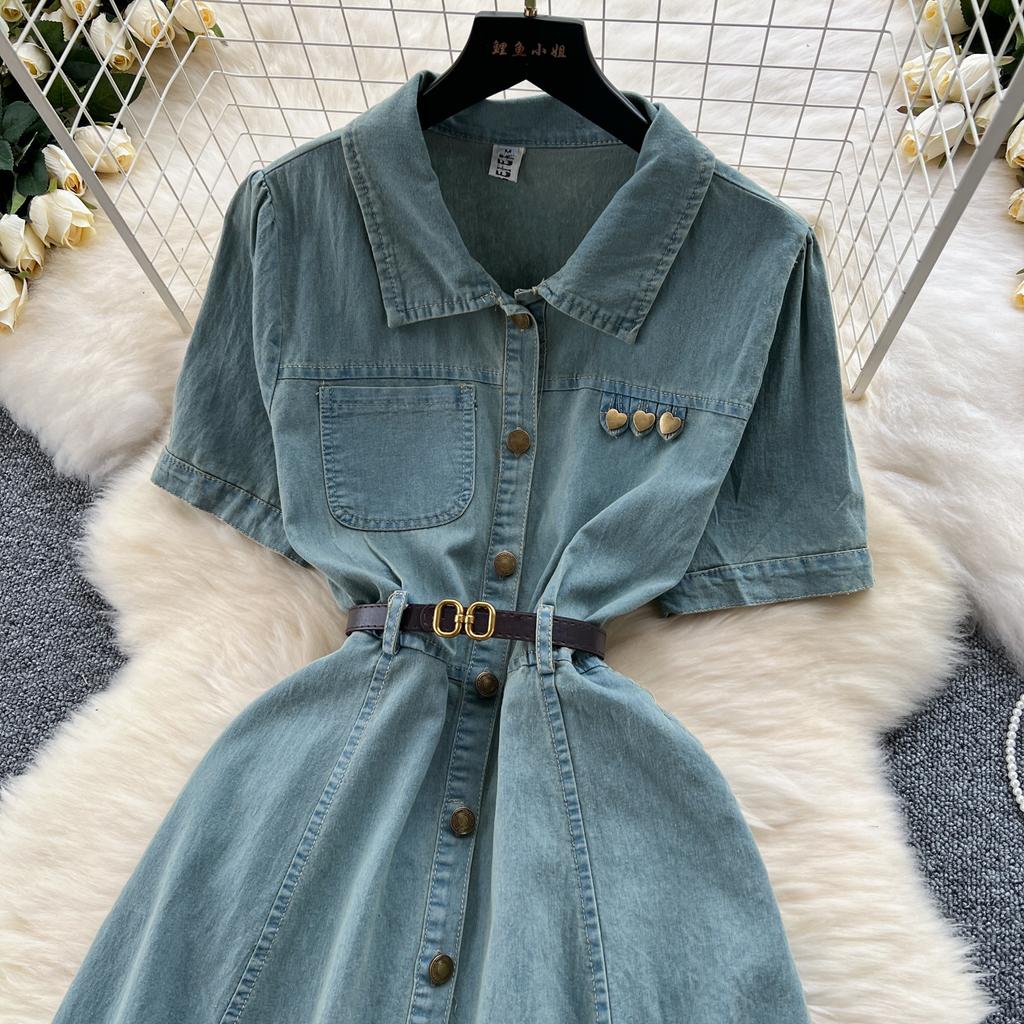 Short-sleeved dress women's summer dress new polo collar single-breasted waist a word medium and long denim skirt