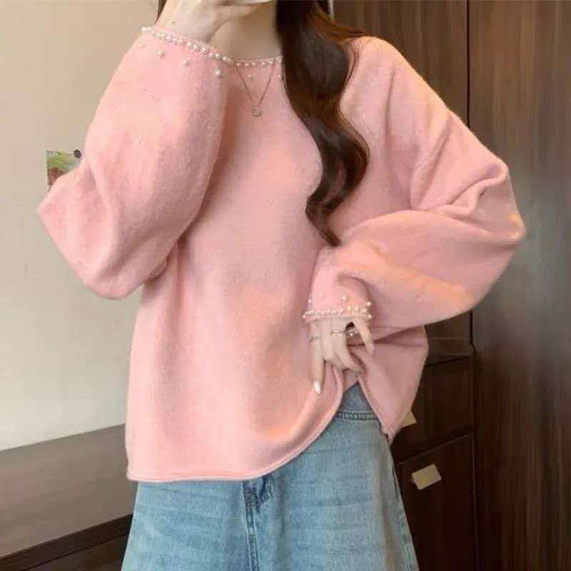 Chic Beaded Korean Style Long Sleeve Sweater - Loose Knit for Autumn/Winter 2025