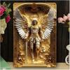 Vintage Retro Archangel Michael Religious Relief Metal Tin Sign  HD Printed Tin Plate Artwork with Gold Silver Toned Armor Wing