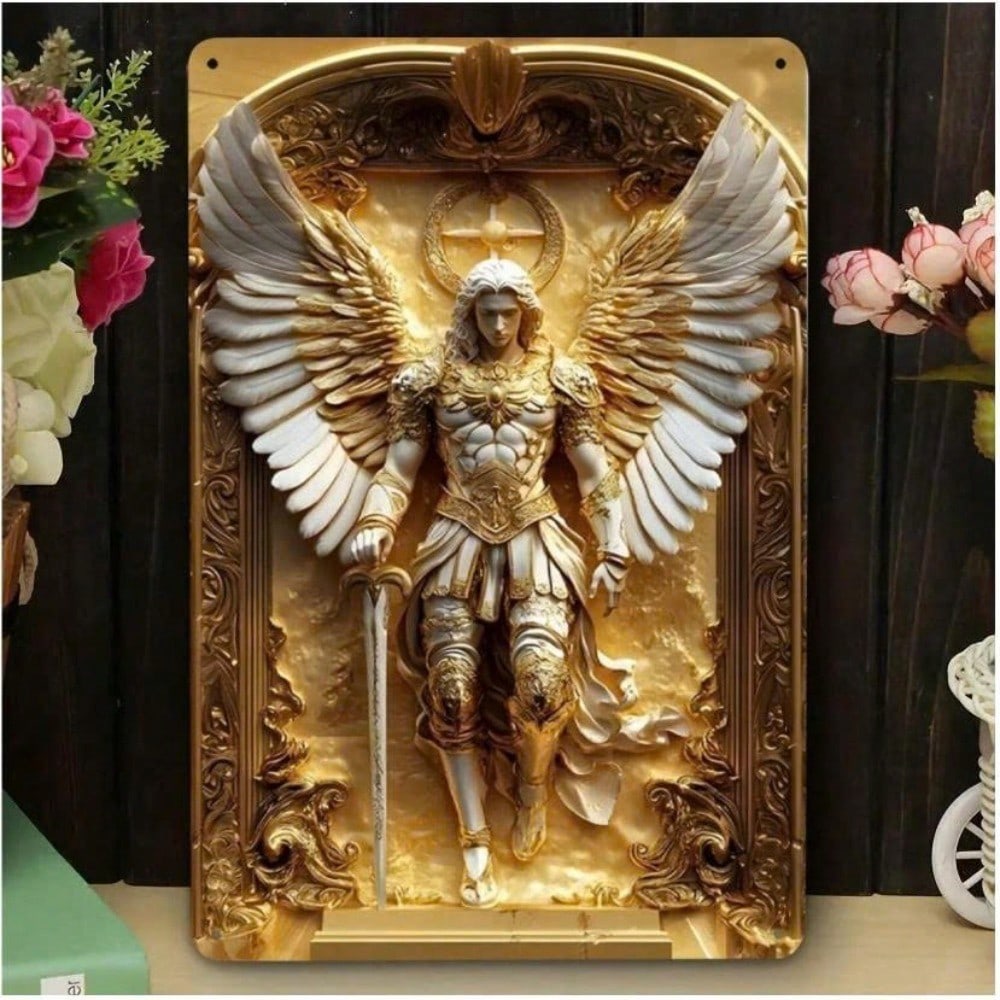 Vintage Retro Archangel Michael Religious Relief Metal Tin Sign  HD Printed Tin Plate Artwork with Gold Silver Toned Armor Wing