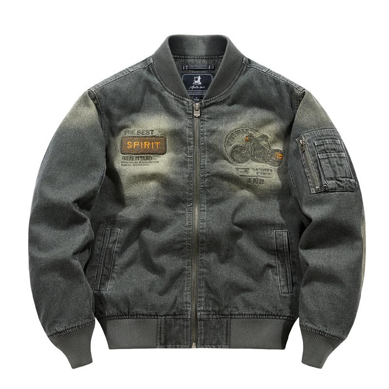 

Унисекс Уличный Тренд Куртка-бомбер из потертого денима со стойкой M армия зеленый