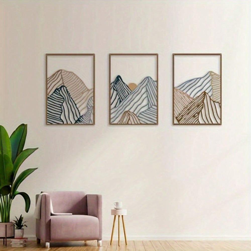 3Pcs Iron Mountain Wall Art, Minimalist Line Design Paintings for Living Room Bedroom Office, Modern Metal Decor, Easy To Hang, Unique Gift