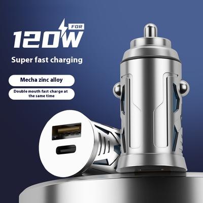 Aluminum Alloy Car Charger 120W Super Fast Charging PD Fast Charging Double Port One To Two with Ambient Light Car Charger
