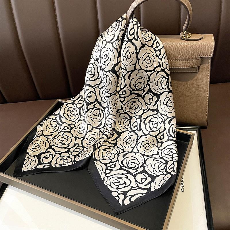 100% Pure Silk Square Scarf Women Black White Camellia Print 68x68cm Lightweight Elegant Wrap Office Casual Wear