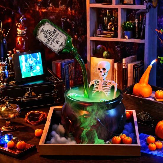 Decorațiuni Halloween Interior Cazan cu Ceață Densă Sticle cu Poțiuni Plutitoare Elemente de Recuzită Schelet Autocolante și Bezel Umbrelă Decor Spooky pentru Masă Petrecere