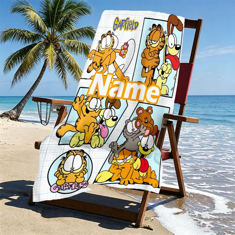 Custom Name Personalized Garfield Print Beach Towel, for Trip Camping Beach Party Home Decor, Birthday Gift for Family & Friends