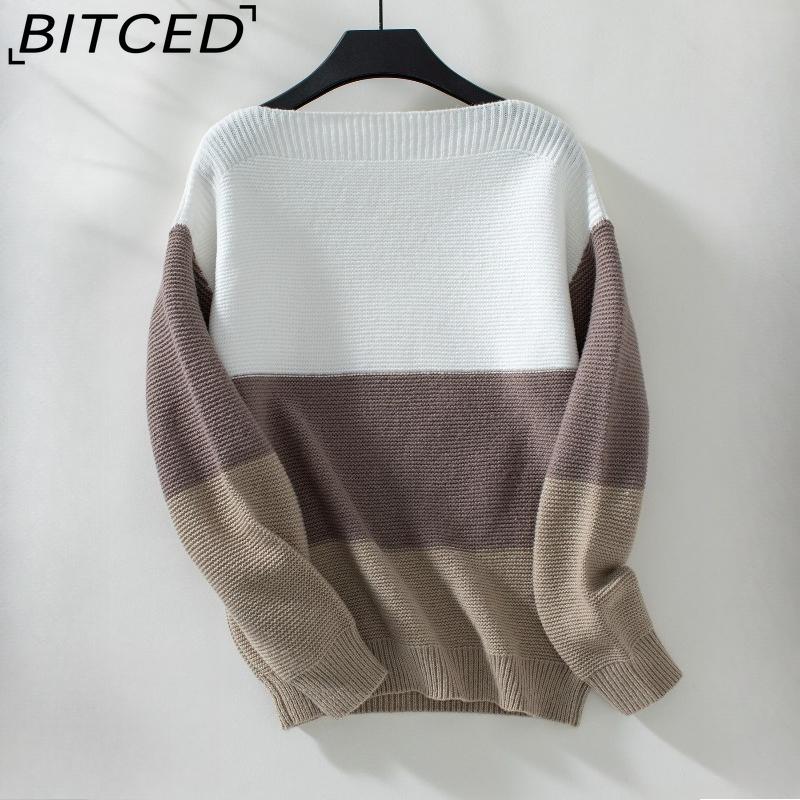 BITCED Colour-Block Off-the-Shoulder Button-Front Pullover Women's Sweater Autumn/Winter Casual Oversized Knitwear