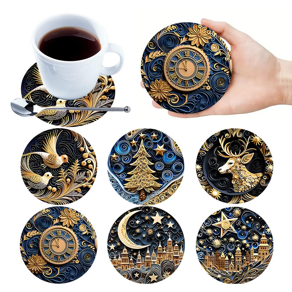 6Pcs Wooden Cup Coasters Set Aesthetic Non Slip Round Coasters Exquisite Coffee Mug Coasters Decorative Cup Mats for Home Office