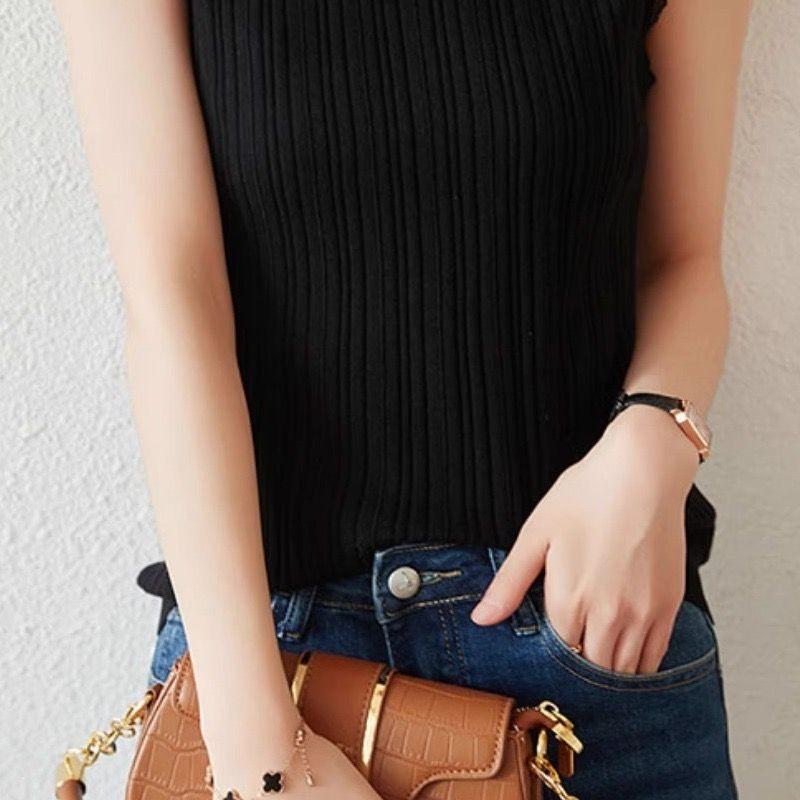 Women Half Turtleneck Lace Knit Camisole Elegant French Sleeveless White Slim Base Top Suit Inner Shirt