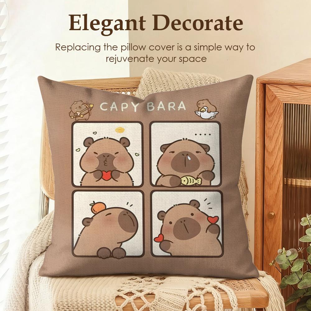 Cute Caybara Cushion Cover Natural Linen Organic Fabric DoubleSided Printing Sofa Home Decor Gift Pillow Case