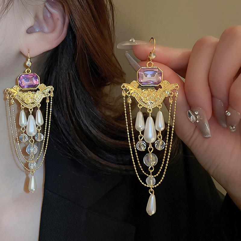 Pendientes de Carrillón de Viento de Perla y Cristal de Aguja Plateada Vintage