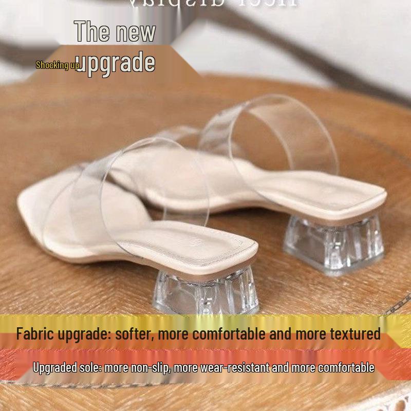 

2025 New Style Women s Transparent Single Strap Chunky Heel Crystal Slides 37