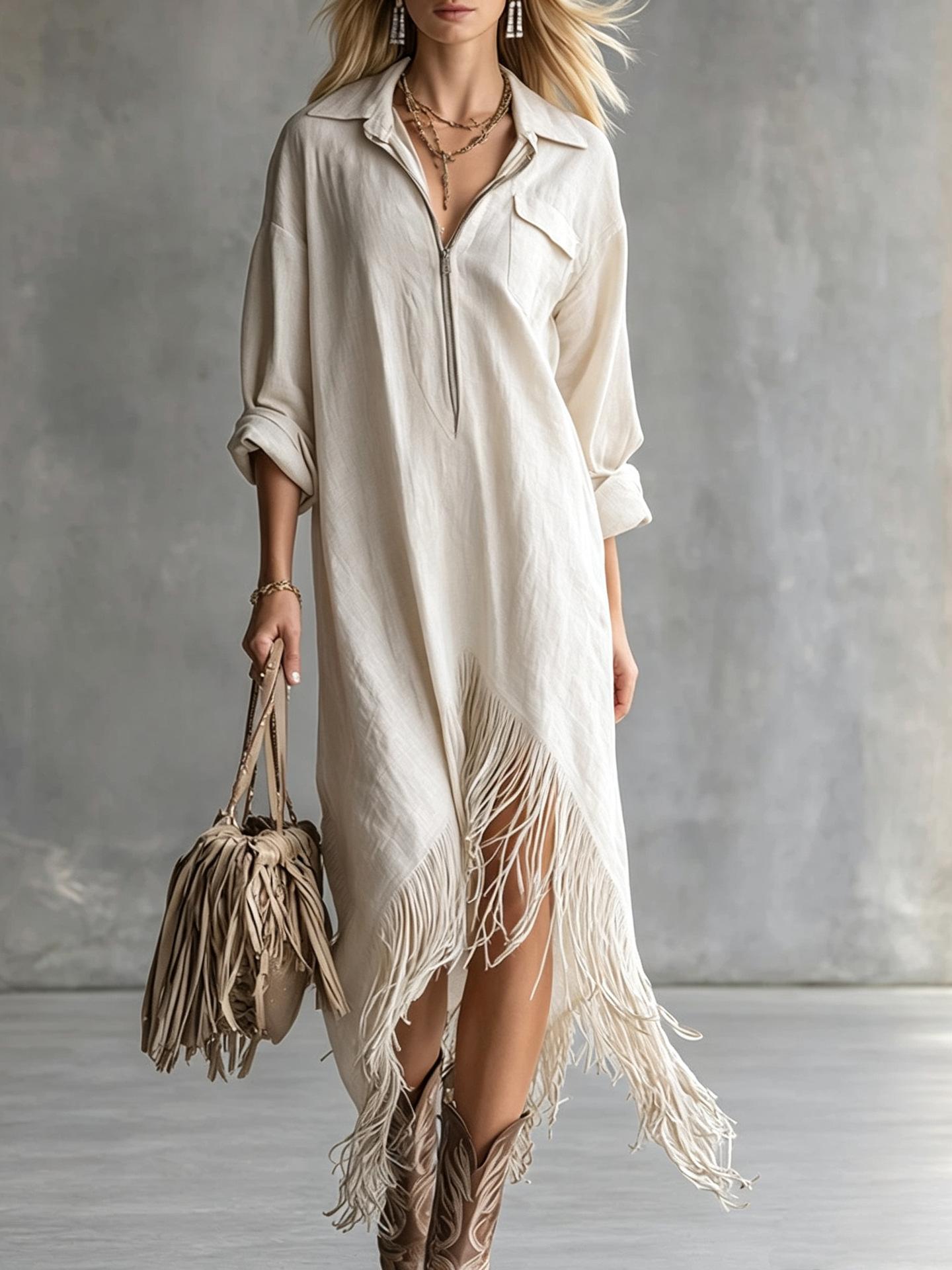2026 Autumn Station European and American temperament retro loose irregular hem fringed dress XS