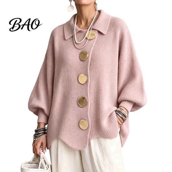 Frühling Herbst Pullover Damen Oversized Strick Cardigan Pullover, Hemdkragen Oberteil mit Großen Metall Freizeitknöpfen, Lockere Fledermausärmel für Weiche Hautfreundlichkeit