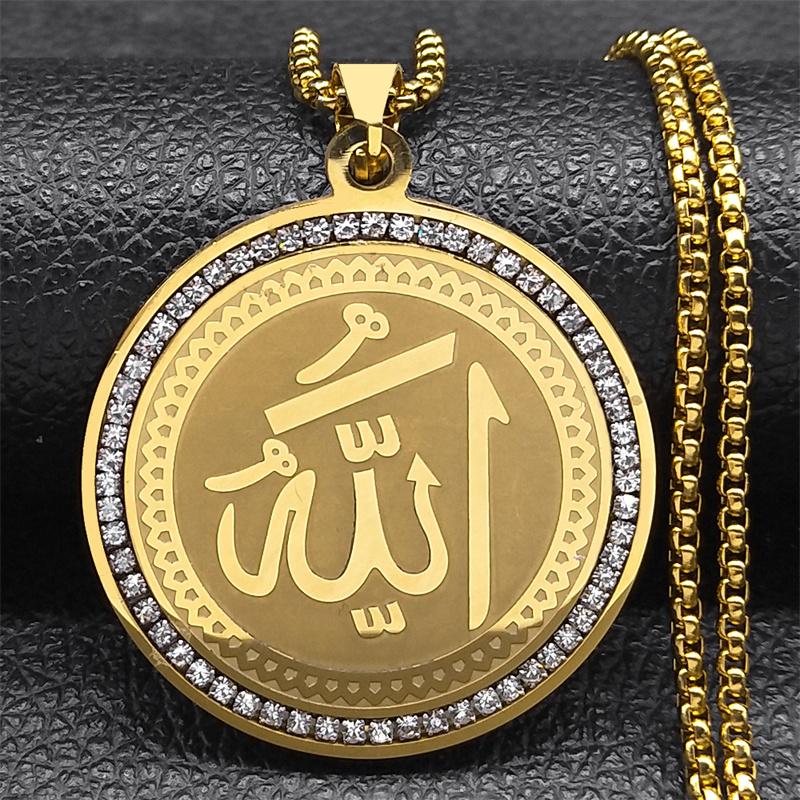 Arabic Quran Allah Medal Necklace for Women Men Rhinestone Stainless Steel Gold Color Islam Muslim Chain Jewelry collar NZZZ490