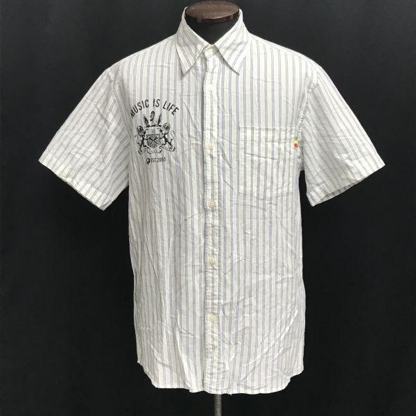 

USED/NESTA BRAND short sleeve shirt men’s M white navy stripe music is life Made in Japan