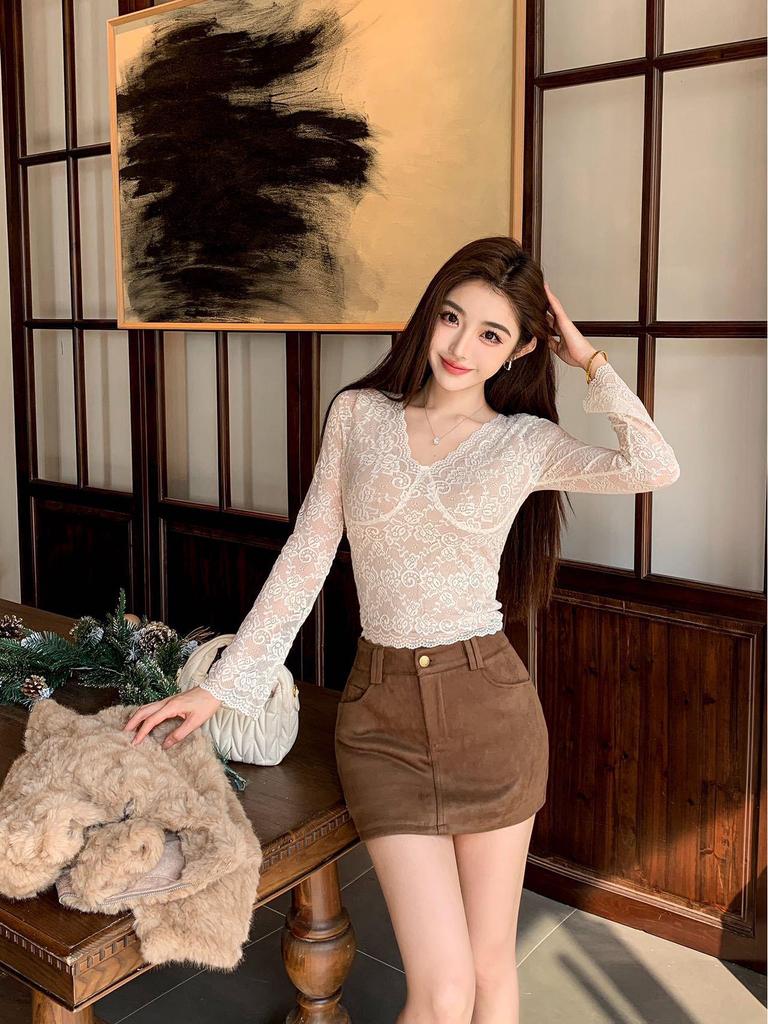 Lace Sexy V-neck Women's Long Sleeve T-shirt with Chest Pads