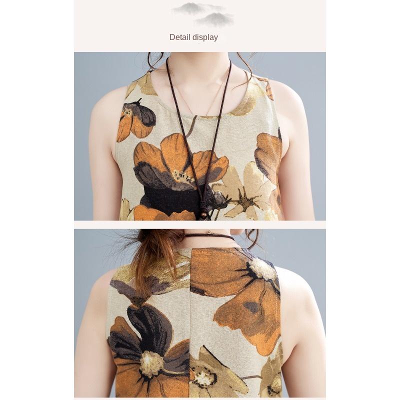 QICED Abito lungo boho semplice ed elegante estivo Plus Abito MIDI stampato senza maniche con scollo rotondo