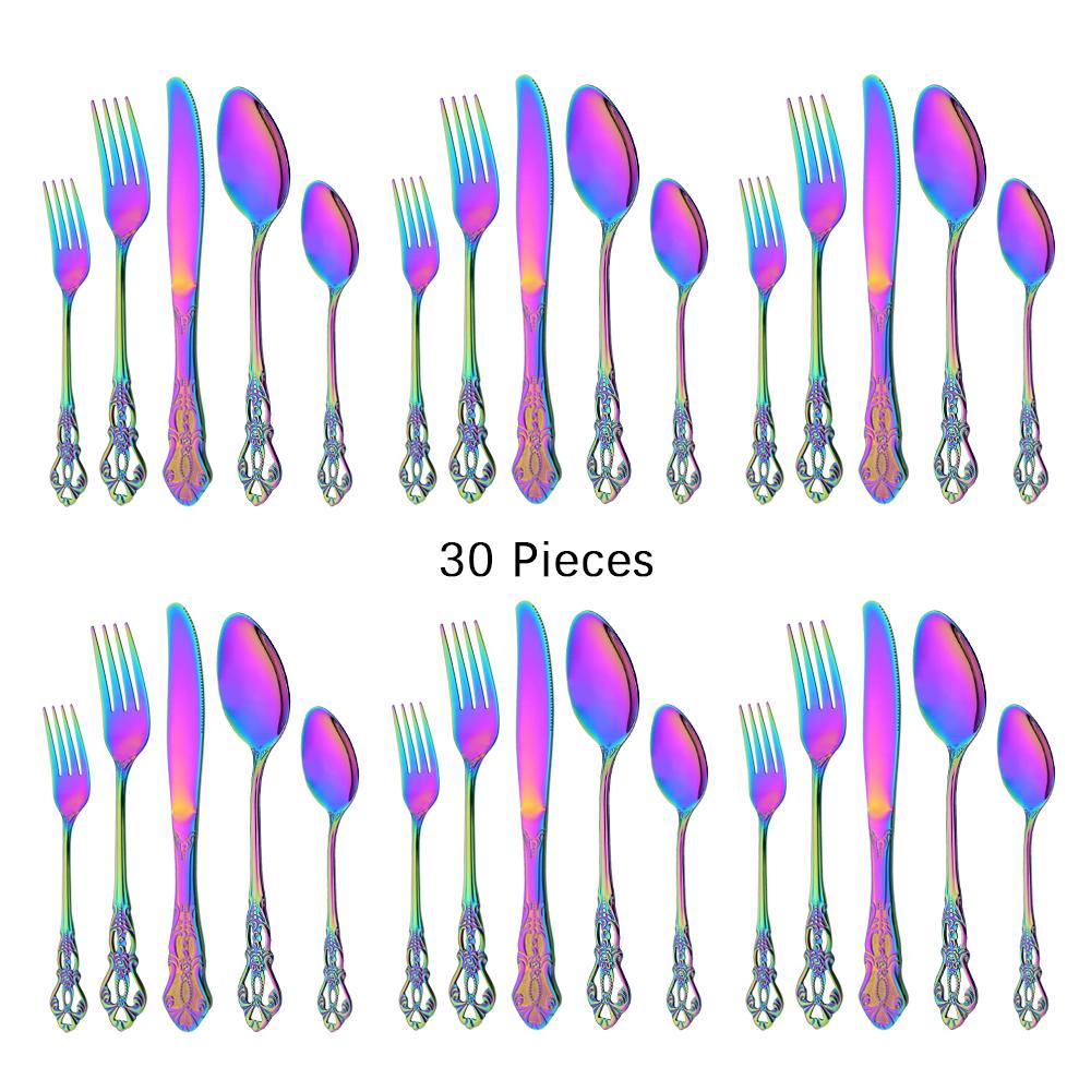 30Pcs Silver Royal Dinnerware Set Knife Dessert Fork Spoon Flatware Stainless Steel Cutlery Kitchen Silverware Tableware Set