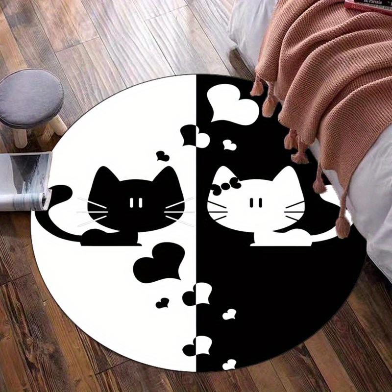 

Round Crystal Velvet Rug Black White Cat Love Heart Pattern Round Floor Mat Pet Lover Home Decor Cute Animal Design 60cmx60cm