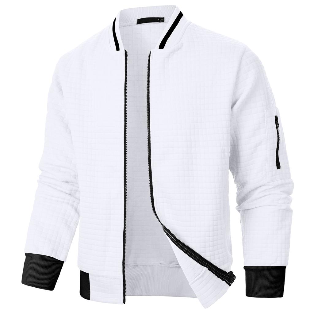 Men's Casual Color Block Jacket with Stand Collar, Long Sleeves and Pockets