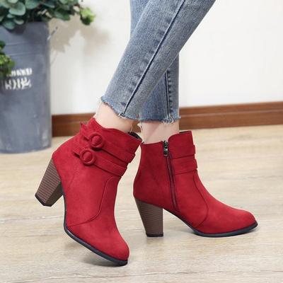 Large Size Cross-border Thick Heel Short Boots Autumn Suede Belt Buckle High Heel Bare Boots Women's Side Zipper Martin Boots