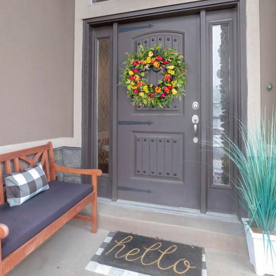 18" Tulip Wreath for Front Door Spring Summer Artificial Floral Garland with Eucalyptus Flowers for Indoor Outdoor Porch Window Wall Decor