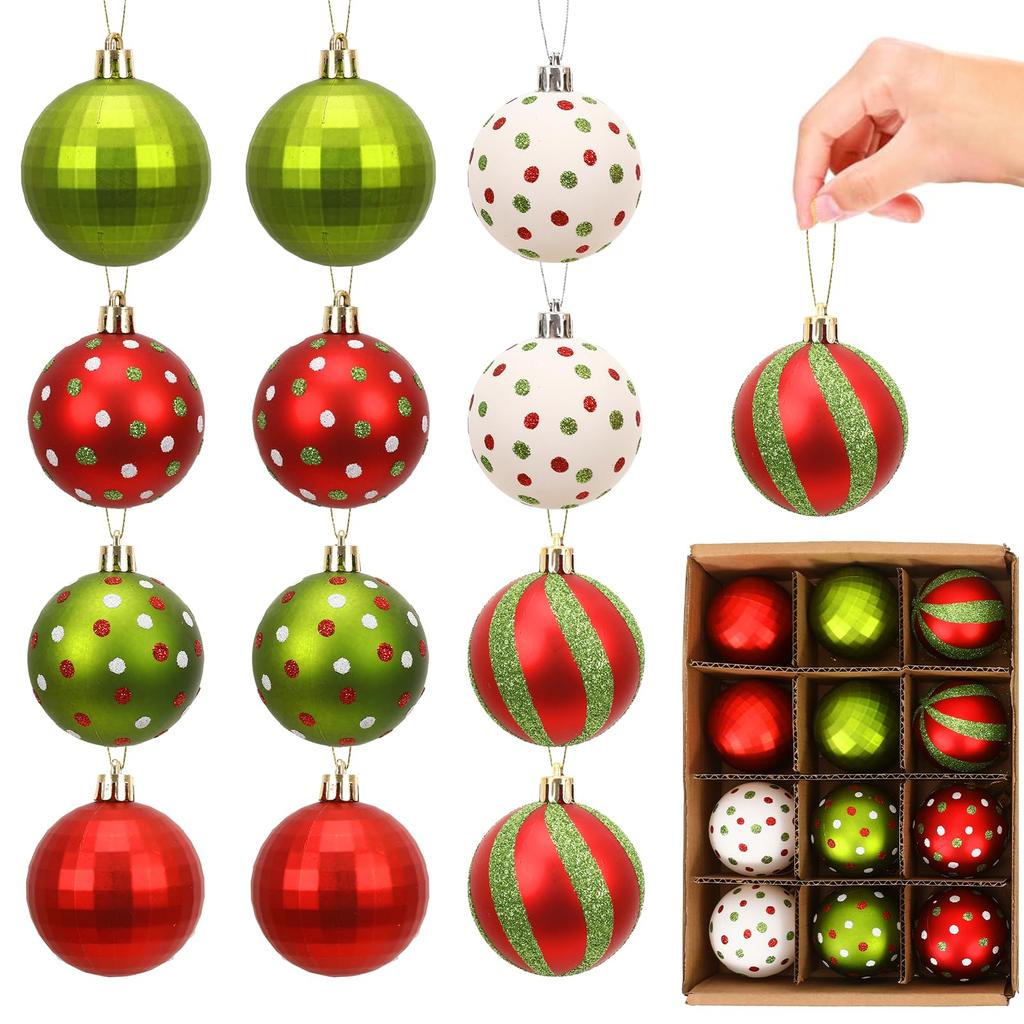 12pcs Christmas Ball Ornaments Tree Decoration 2.4 Inch Red Green Hanging Xmas Tree Ornaments Glittering Plastic Christmas Balls