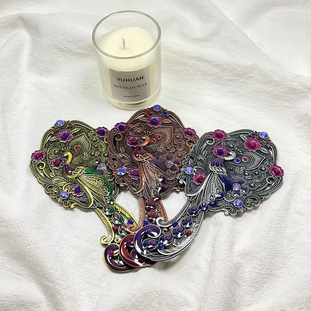 Peacock Open Screen Retro Small Mirror with Metal Handle Handheld Cosmetic Comb