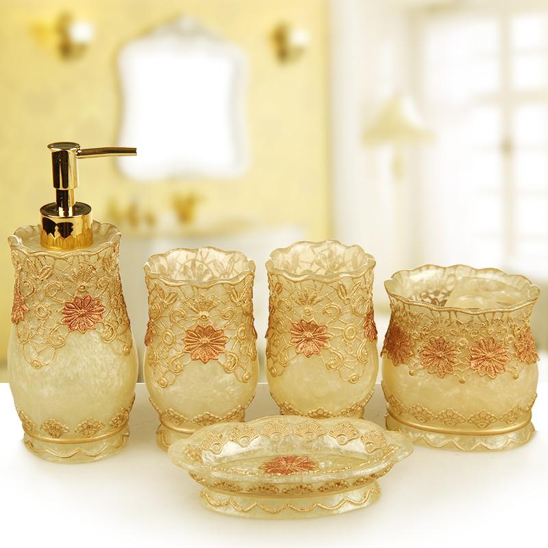 Resin Bathroom Set Toiletries Wash Five Piece Set with Tray Mouth Cup Toothbrush Holder Lotion Bottle  Toilet Brush Tissue Box