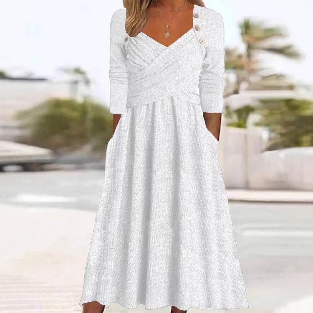 Autumn And Winter New Solid Color Fashion V-Neck Long-Sleeved Dress European And American Women'S Dress