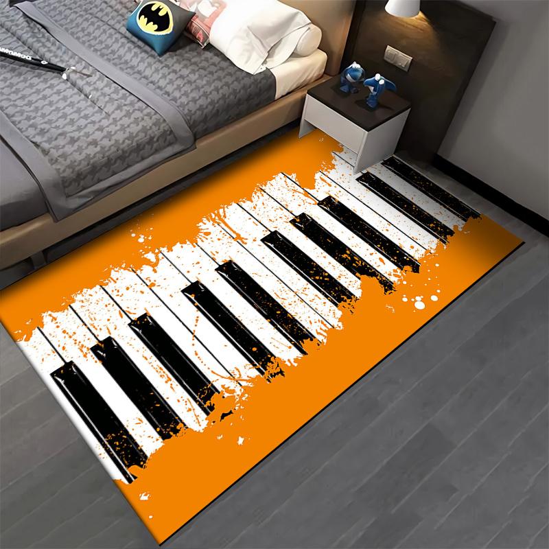 Artistic Rug with Black and White Piano Keys on Orange Background Suitable for use as an anti-slip game mat for living room and bedroom sofas