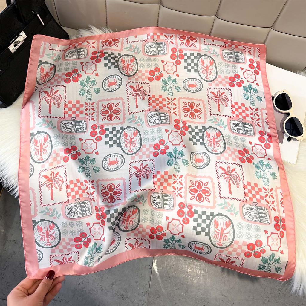Delicate Imitation Silk Scarf Female Fun Element Printed Silk Scarf Sweet Fashionable Decorative Square Scarf Photo Atmosphere Accessories