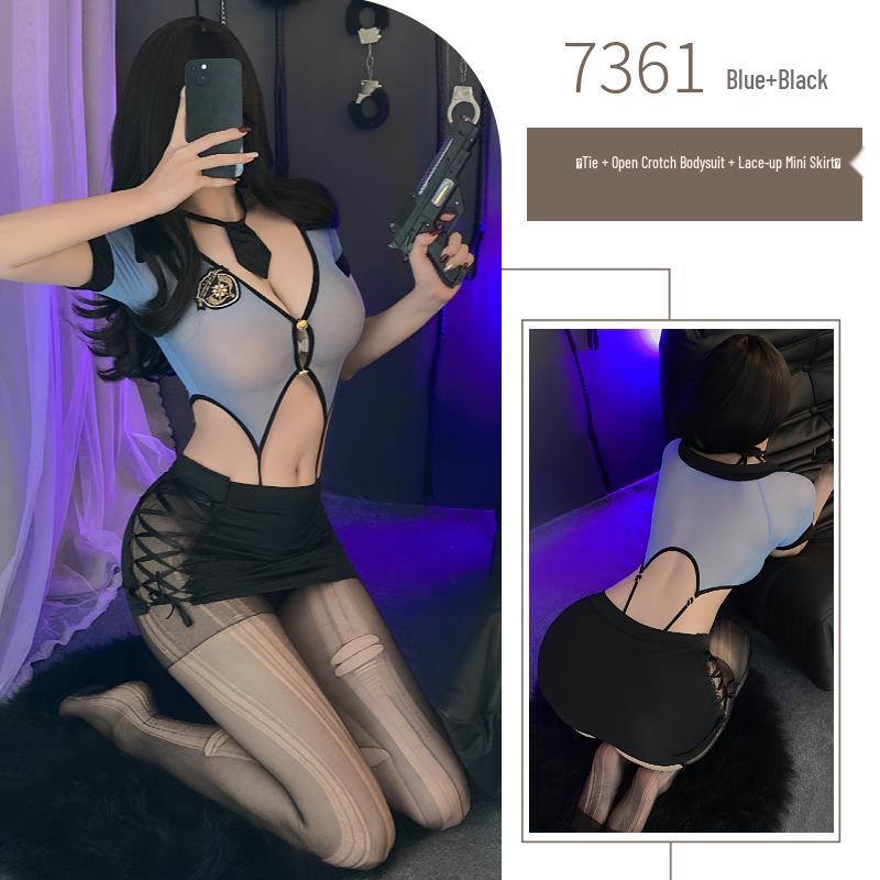 Night Piano Women's Sexy Police Uniform & Flight Attendant Lingerie Set - Cutout Bodysuit with Hip-Hugging Skirt, Style 7361.