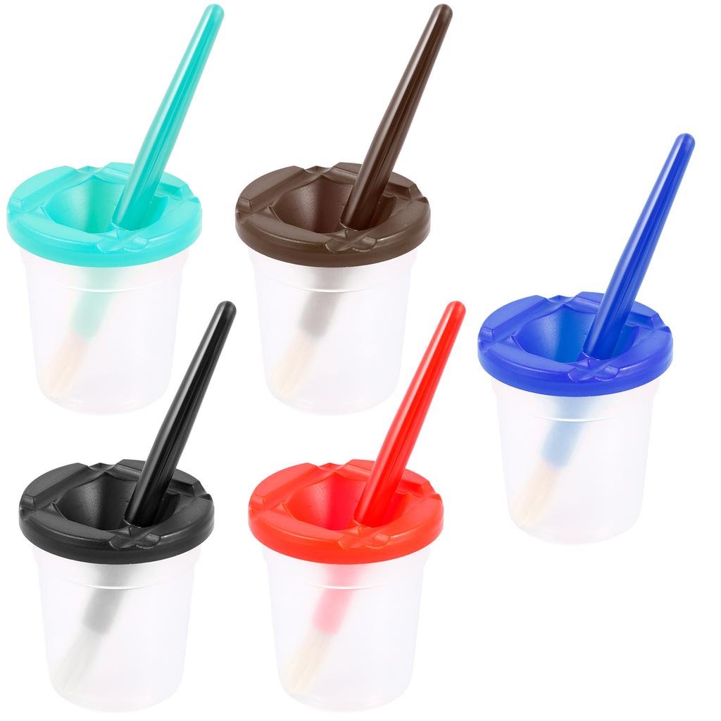 5Pcs Paint Cups Plastic Leak-proof Water Washing Cups with Brush Pen Washer Colorful Paint Brush Water Cup for Kids Art Supplies