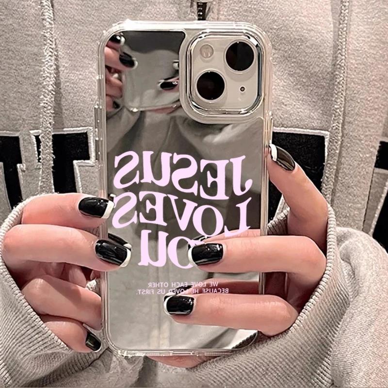 Pink Letters Jesus Loves You Makeup Mirror Phone Case For iPhone 17 AIR 16 15 14 13 12 11 PRO MAX PLUS Y2K Protective Cover