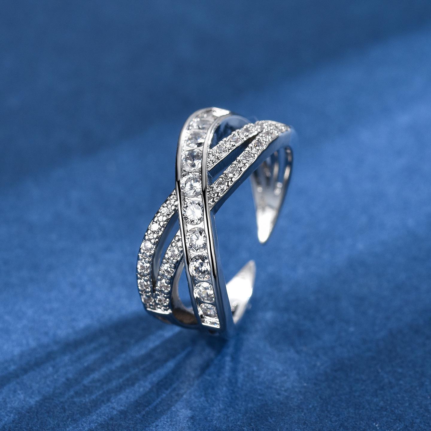 European-American Minimalist Crossover Diamond Open Ring - Shiny, Stylish, and Unique Adjustable