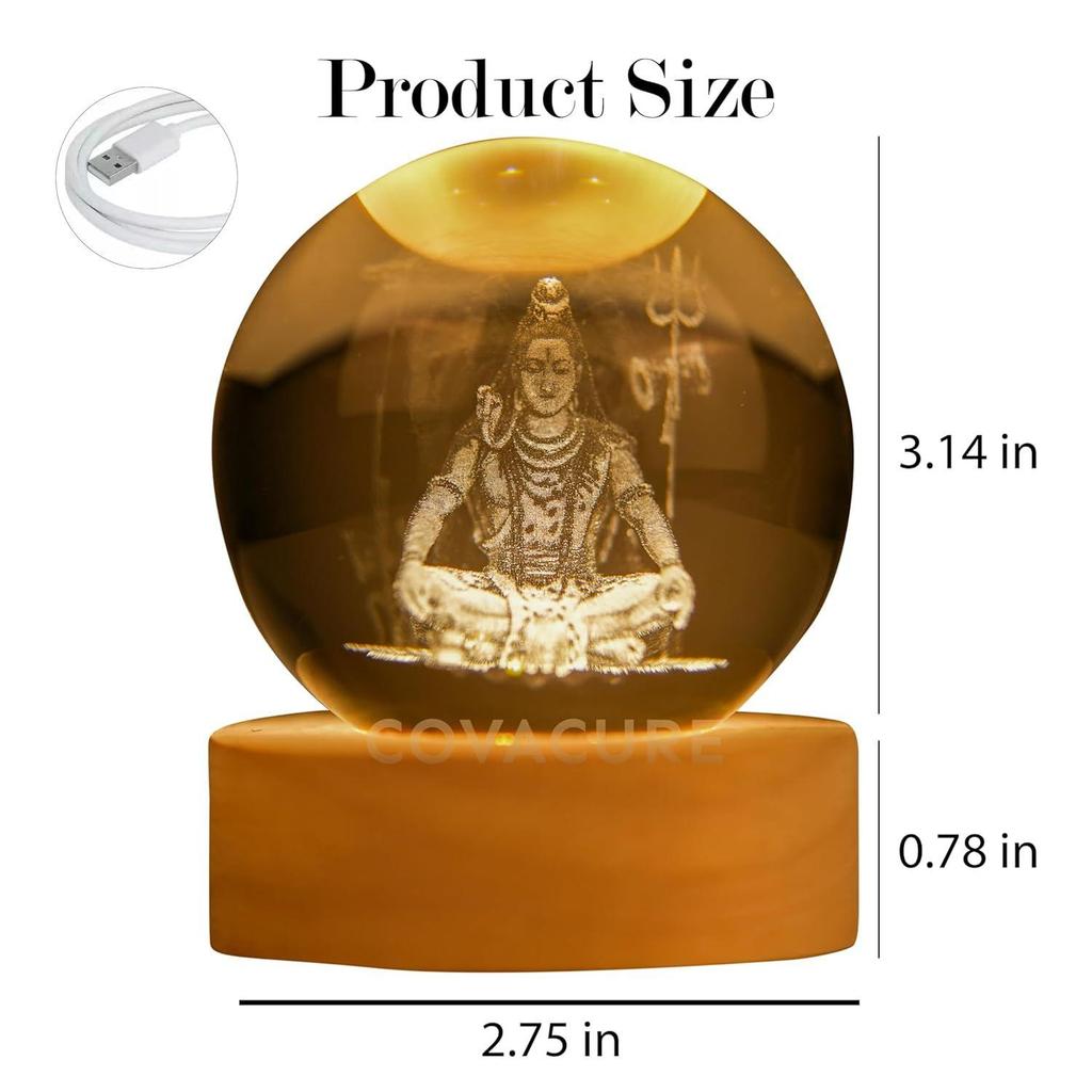 3D Shiv Crystal Ball Night Lamp, Solar System Shiv Idol Crystal Ball Night Light, USB Table Colorful LED Wooden Base Lamp for Home