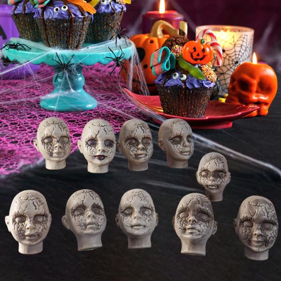 10 Pcs Halloween Baby Doll Head with Bag Scary Plastic Skeleton Head Ornament Creepy Skull Statues for Home Party Decor