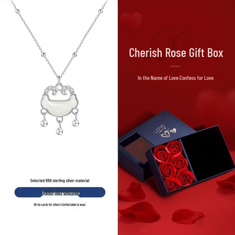 Hetian Jade Women's Necklace: 999 Sterling Silver Peace Lock Pendant, Versatile Clavicle Chain, Ideal Birthday Gift for Girlfriend
