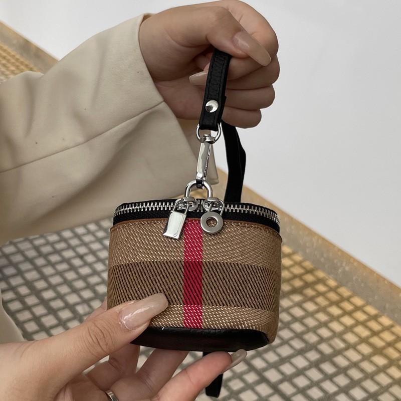 Canvas Cowhide Small Change Purse Ins Style Simple Portable Neck Hanging Lipstick Makeup Bag Leather Earphone
