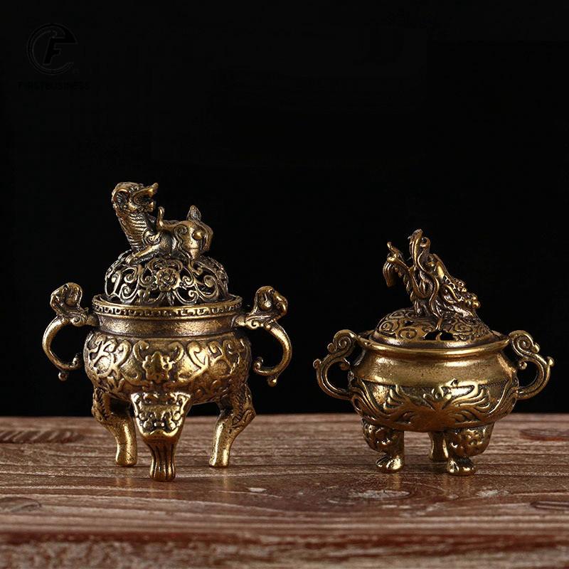 Pattern Three Foot Incense Burner Censer Exquisite Small Statues Copper Statue Brass Carved Animal Dragon