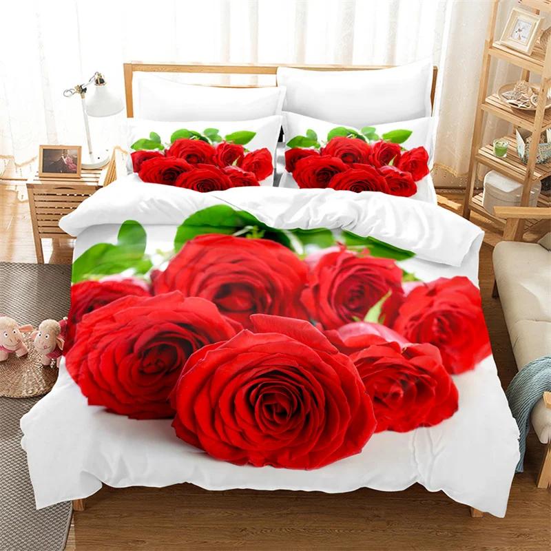 Red Flower Full Size Duvet Covers Rose Quilt Cover 200X230Cm Bedding Set 3Pcs 2Pcs 210X210Cm King Queen Single Double Bed