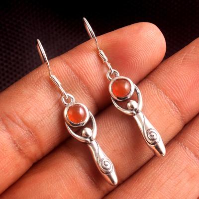 Natürlicher Karneol-Göttin-Ohrring aus massivem 925er-Sterlingsilber, handgefertigter feiner Schmuck
