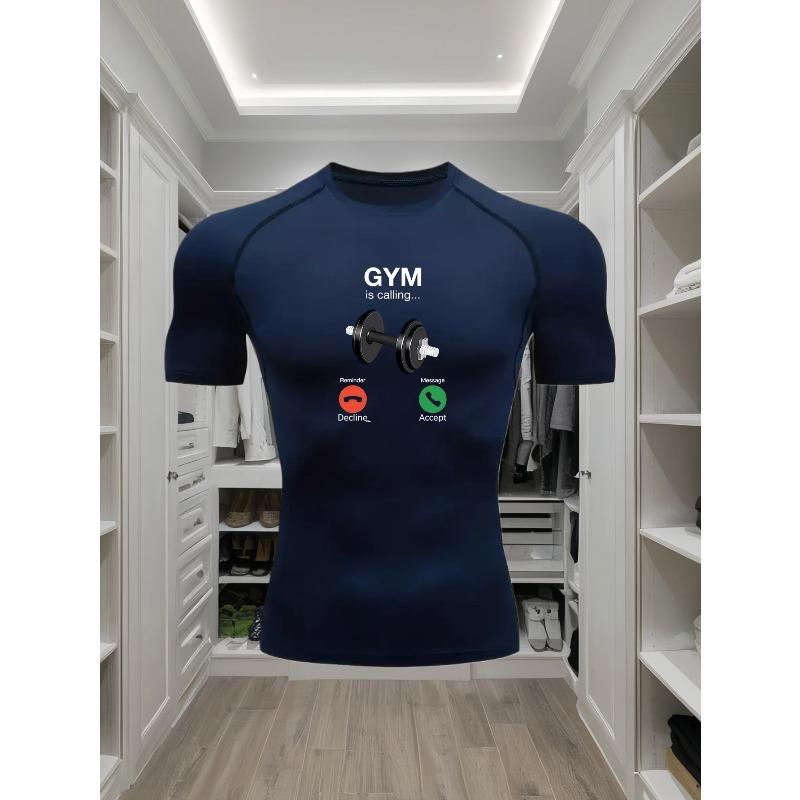 Men's Compression Shirt Quick Dry Gray Gym T-Shirt "GYM Is Calling" Dumbbell Print Workout Sportswear Lifestyle To Gym Men's Compression Shirt