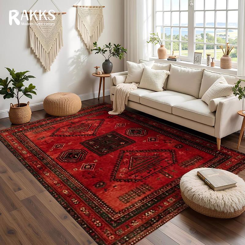RAKKS Retro Czerwony Dywan Perski / Turecki Dywan Obszarowy Antypoślizgowy Dekoracja Salonu Dywan Pod Sofę Dywanik Sypialniany Dywanik Podłogowy Kuchenny