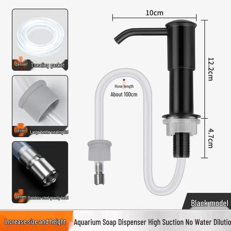 Presse d'évier en acier inoxydable avec distributeur de savon, tube d'extension pour détergent et filtre pour aquarium.