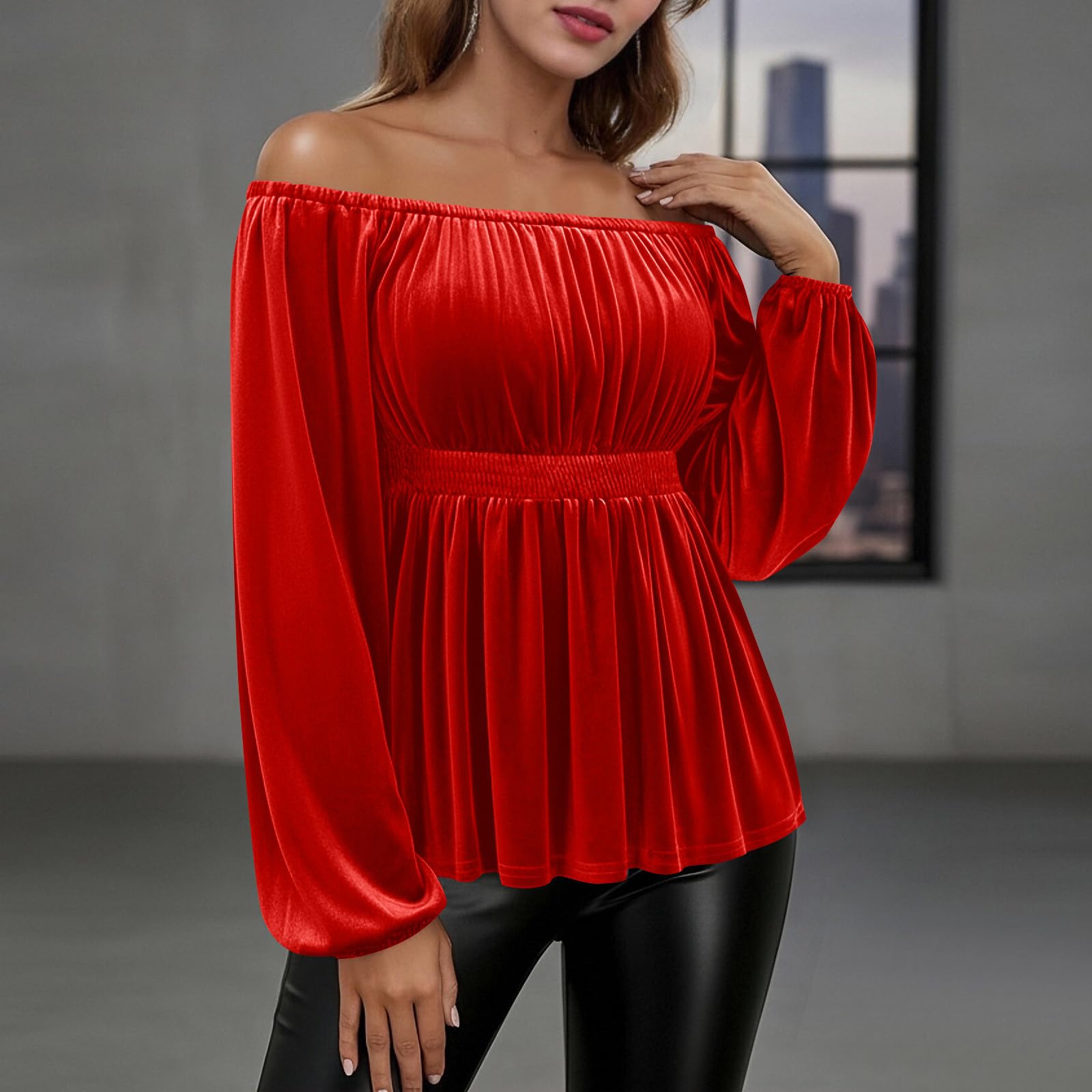 

Women s Velvet Off-the-Shoulder Long Sleeve Elegant Blouse With Waist-Tie Casual Top XXL